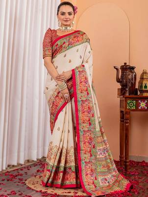 Cream ethnic motifs silk blend saree 1
