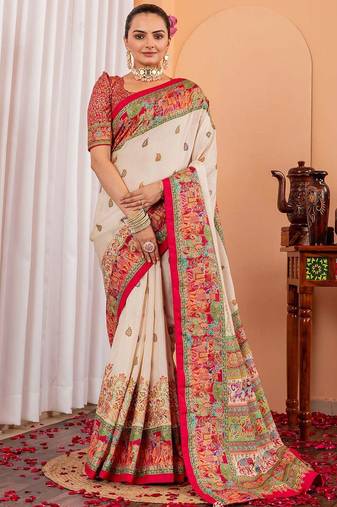 Cream ethnic motifs silk blend saree