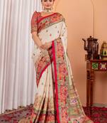 Cream ethnic motifs silk blend saree