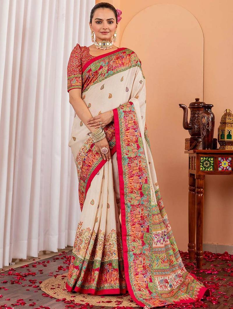 Cream ethnic motifs silk blend saree