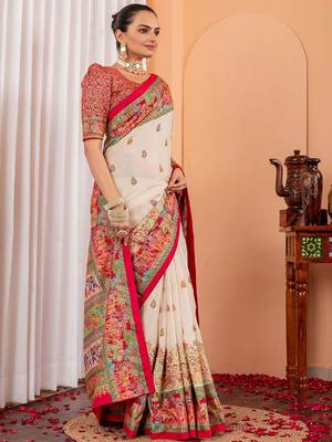 Cream ethnic motifs silk blend saree 2