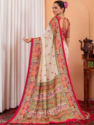 Cream ethnic motifs silk blend saree 3