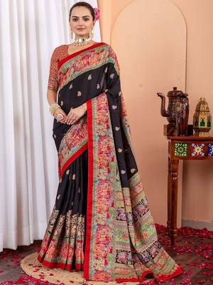 Black ethnic motifs silk blend tussar saree 1