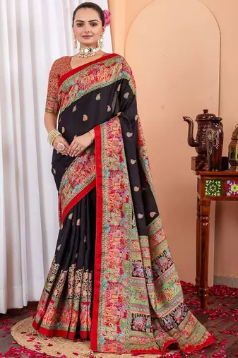 Black ethnic motifs silk blend tussar saree