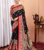 Black ethnic motifs silk blend tussar saree