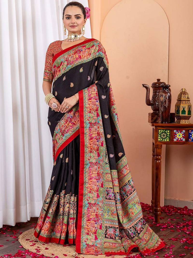 Black ethnic motifs silk blend tussar saree