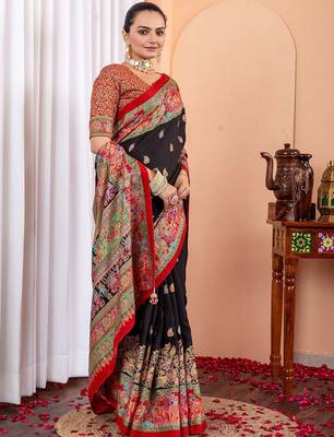 Black ethnic motifs silk blend tussar saree 2
