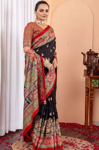 Black ethnic motifs silk blend tussar saree