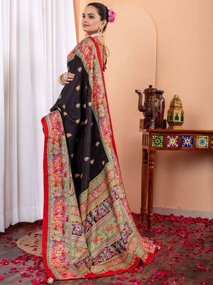Black ethnic motifs silk blend tussar saree 3
