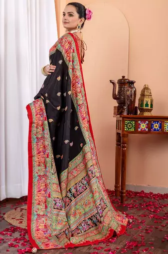 Black ethnic motifs silk blend tussar saree