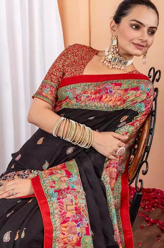 Black ethnic motifs silk blend tussar saree