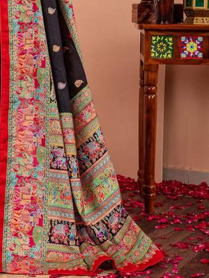 Black ethnic motifs silk blend tussar saree 5