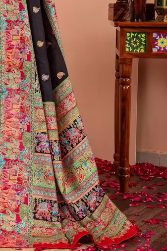 Black ethnic motifs silk blend tussar saree