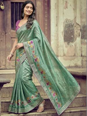 Sea green ethnic motifs embroidered silk blend heavy work saree 1