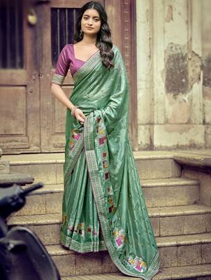 Sea green ethnic motifs embroidered silk blend heavy work saree 3