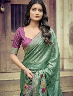 Sea green ethnic motifs embroidered silk blend heavy work saree 5
