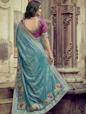 Teal ethnic motifs embroidered silk blend saree 2