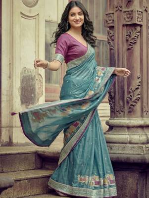 Teal ethnic motifs embroidered silk blend saree 3