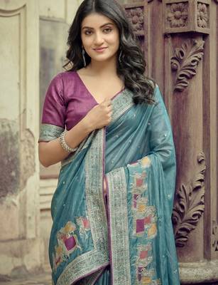 Teal ethnic motifs embroidered silk blend saree 5