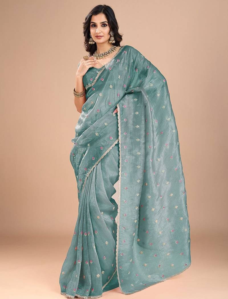 purple embellished sequinned organza saree