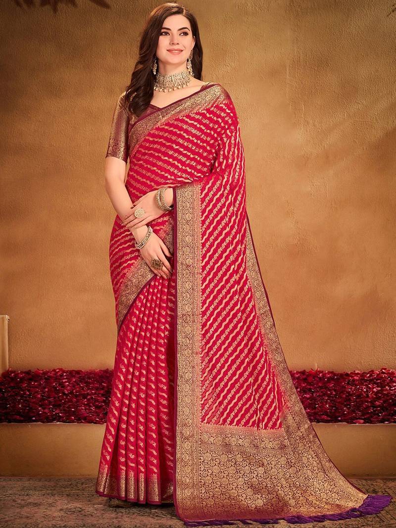 red ethnic motifs zari georgette kanjeevaram saree