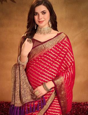 red ethnic motifs zari georgette kanjeevaram saree 4