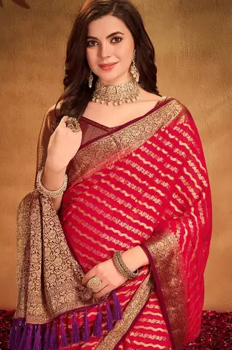 red ethnic motifs zari georgette kanjeevaram saree