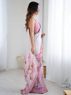 pink floral beads and stones georgette designer saree with matching blouse 2