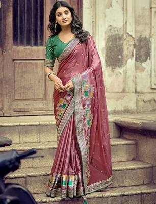 Pink ethnic motifs embroidered silk blend heavy work saree 1