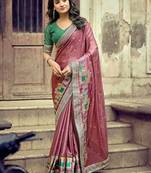 Pink ethnic motifs embroidered silk blend heavy work saree