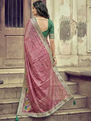 Pink ethnic motifs embroidered silk blend heavy work saree 2