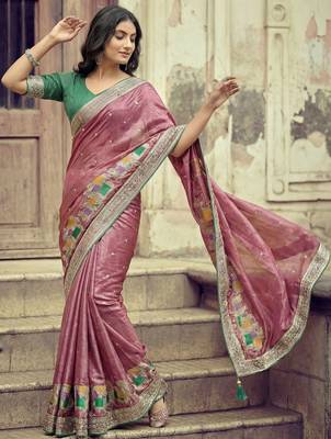 Pink ethnic motifs embroidered silk blend heavy work saree 3