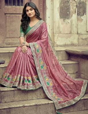 Pink ethnic motifs embroidered silk blend heavy work saree 4