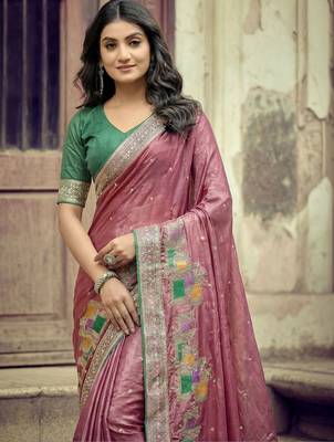 Pink ethnic motifs embroidered silk blend heavy work saree 5