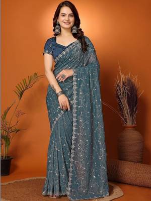 Teal embellished embroidered tissue heavy work saree 1