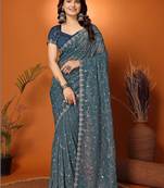 Teal embellished embroidered tissue heavy work saree