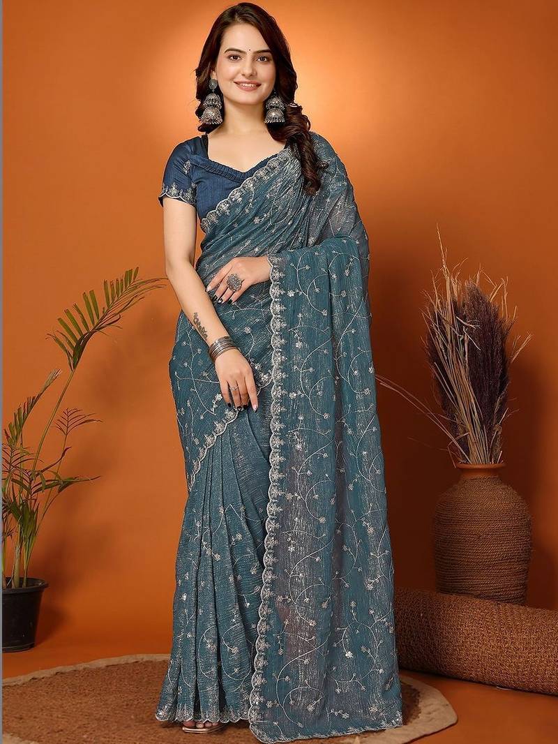 Teal embellished embroidered tissue heavy work saree