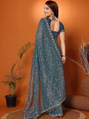 Teal embellished embroidered tissue heavy work saree 2