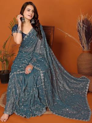 Teal embellished embroidered tissue heavy work saree 3