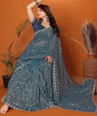 Teal embellished embroidered tissue heavy work saree 5