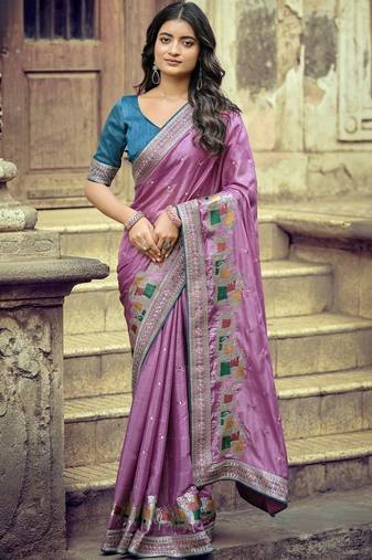 Lavender ethnic motifs zari silk blend heavy work saree