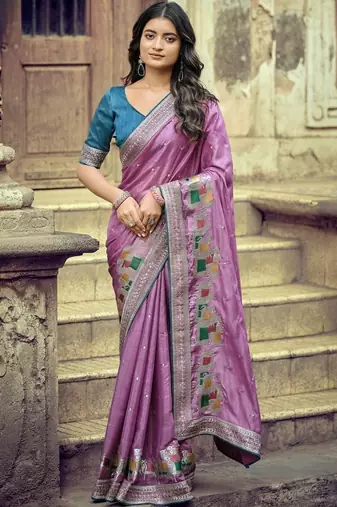 Lavender ethnic motifs zari silk blend heavy work saree