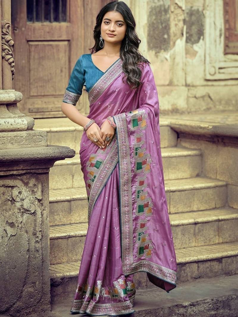 Lavender ethnic motifs zari silk blend heavy work saree