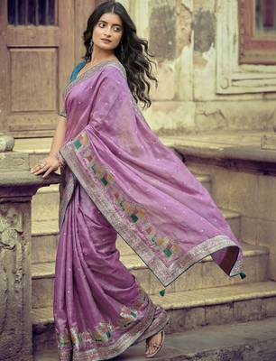 Lavender ethnic motifs zari silk blend heavy work saree 3
