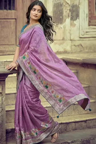 Lavender ethnic motifs zari silk blend heavy work saree
