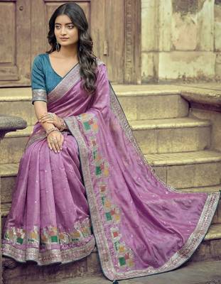 Lavender ethnic motifs zari silk blend heavy work saree 4