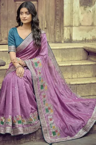 Lavender ethnic motifs zari silk blend heavy work saree