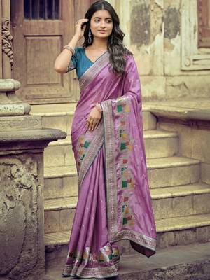 Lavender ethnic motifs zari silk blend heavy work saree 5