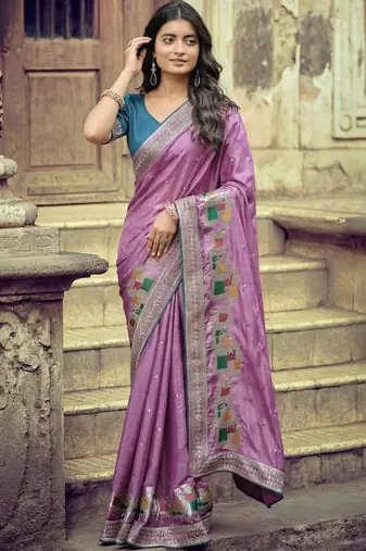 Lavender ethnic motifs zari silk blend heavy work saree