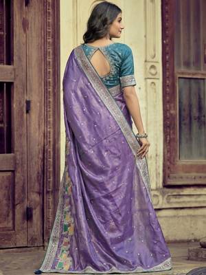 Purple ethnic motifs embroidered silk blend heavy work saree 2